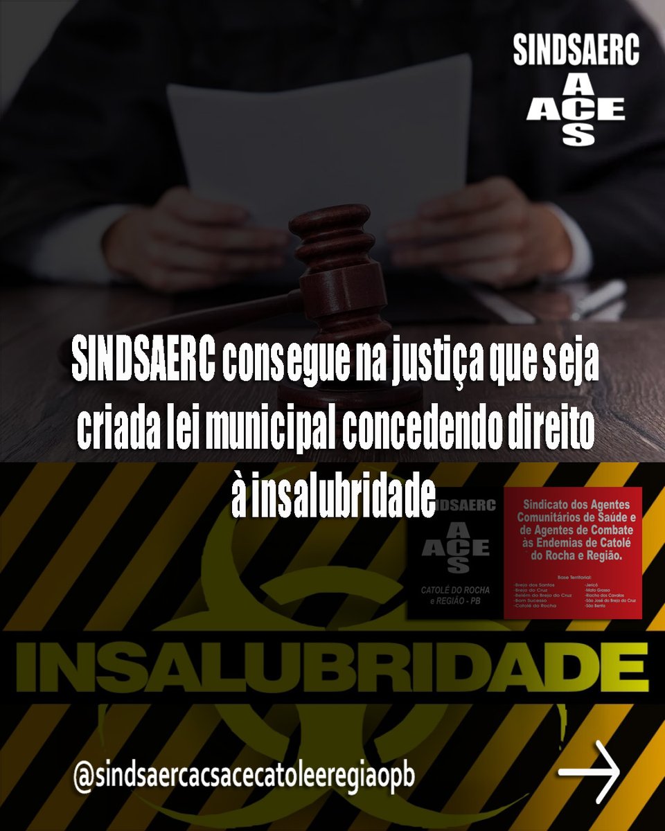 Sindsaerc1's tweet photo. SINDSAERC consegue na justiça que seja criada lei municipal concedendo direito à insalubridade Link: https://t.co/FIwo9ncmTl https://t.co/QhylMg0UX2