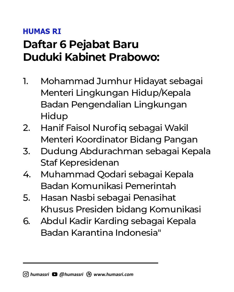 HumassRI's tweet photo. Presiden Prabowo Subianto kembali melakukan reshuffle kabinet dengan melantik sejumlah pejabat baru di Istana Negara, Jakarta. Langkah ini menjadi bagian dari upaya penyegaran dan penguatan kinerja pemerintahan Kabinet Merah Putih

#PresidenPrabowo #Menteri #ReshuffleKabinet https://t.co/WE3X65S9KU