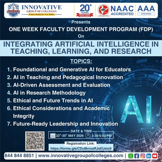innovativeinst5's tweet image. Innovative Group of Colleges is proud to present a One-Week Faculty Development Program (FDP) focused on the transformative power of Artificial Intelligence in the academic landscape.
innovativegroupofcolleges.com
#InnovativeGroupofColleges #bca #HigherEducation #ArtificialIntelligence