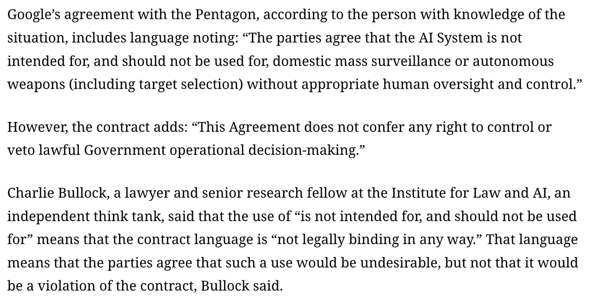 erinkwoo's tweet photo. SCOOP: Google has signed a deal with the Pentagon to allow the use of its AI for "any lawful government purpose." Google’s agreement also requires it to assist in adjusting its AI safety settings and filters at the government’s request. https://t.co/IF5uN7js6Y