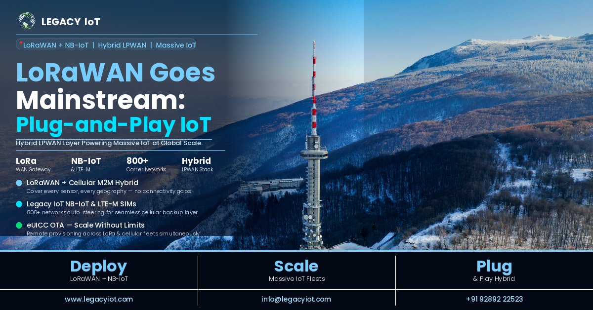 legacyiot's tweet image. Building a LoRaWAN + Cellular hybrid IoT network?

Talk to Legacy IoT Us
🔗 legacyiot.com
✉ info@legacyiot.com
📞 +91 92892 22523

#LoRaWAN #MassiveIoT #LPWAN #HybridConnectivity #LegacyIoT #NbIoT #M2MSIM #eUICC #IoTScale #LPWANStack #HybridIoT #SmartCity #IoT2026 #IoT