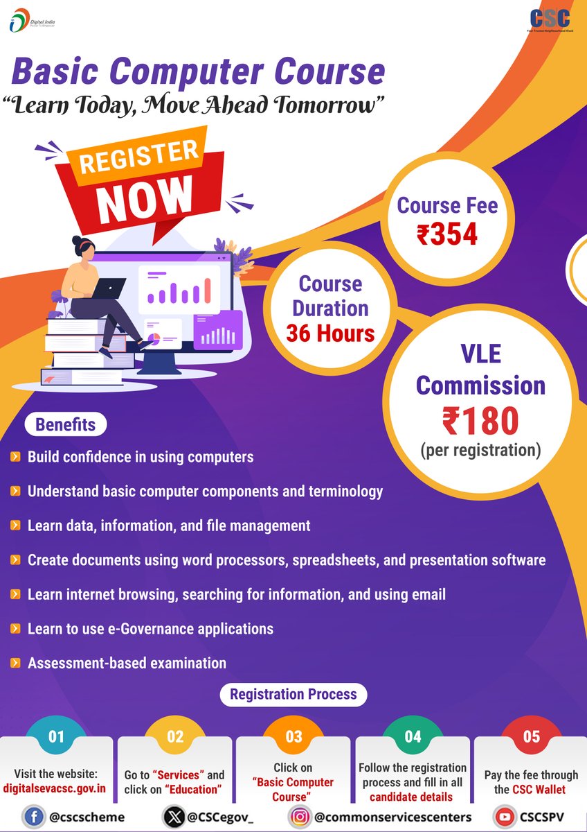 CSCegov_'s tweet photo. “Learning computers is now easy – learn through simple video content!”
“Connect with your nearest CSC Center and start learning computers today!”
For any queries, write to us at helpdesk@csc.gov.in or call 14599.
#CSC #DigitalIndia #CSCAcademy #BCC #DigitalInclusion #CSCEducation #DigitalTransformation #RuralEmpowerment #BasicComputerCourse