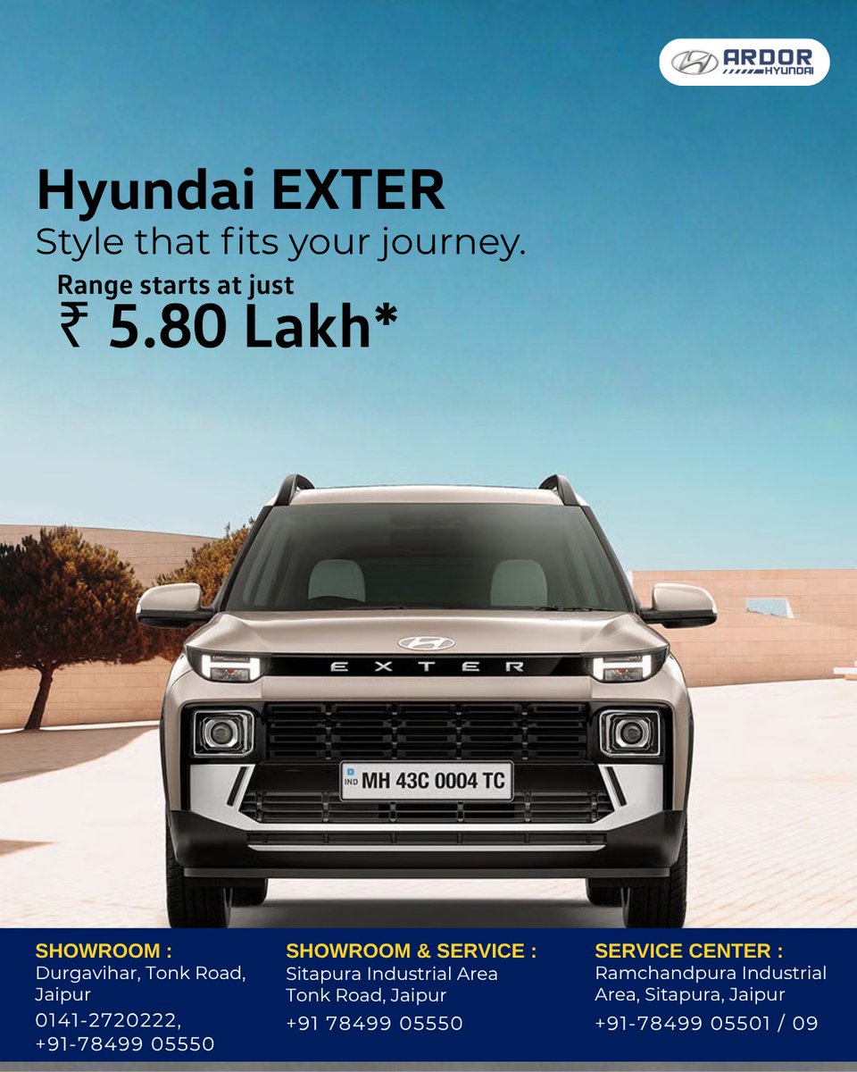 ArdorHyundai's tweet image. Drive bold. Drive smart.
The all-new Hyundai EXTER is here to match your journey—style, comfort, and performance 

Starting at just ₹5.80 Lakh*.

Request a Test drive now: bit.ly/ardortest

@hyundaiindia 

#Hyundai #Exter #SUVLife #DriveInStyle #ARDORHyundai #ARDOR