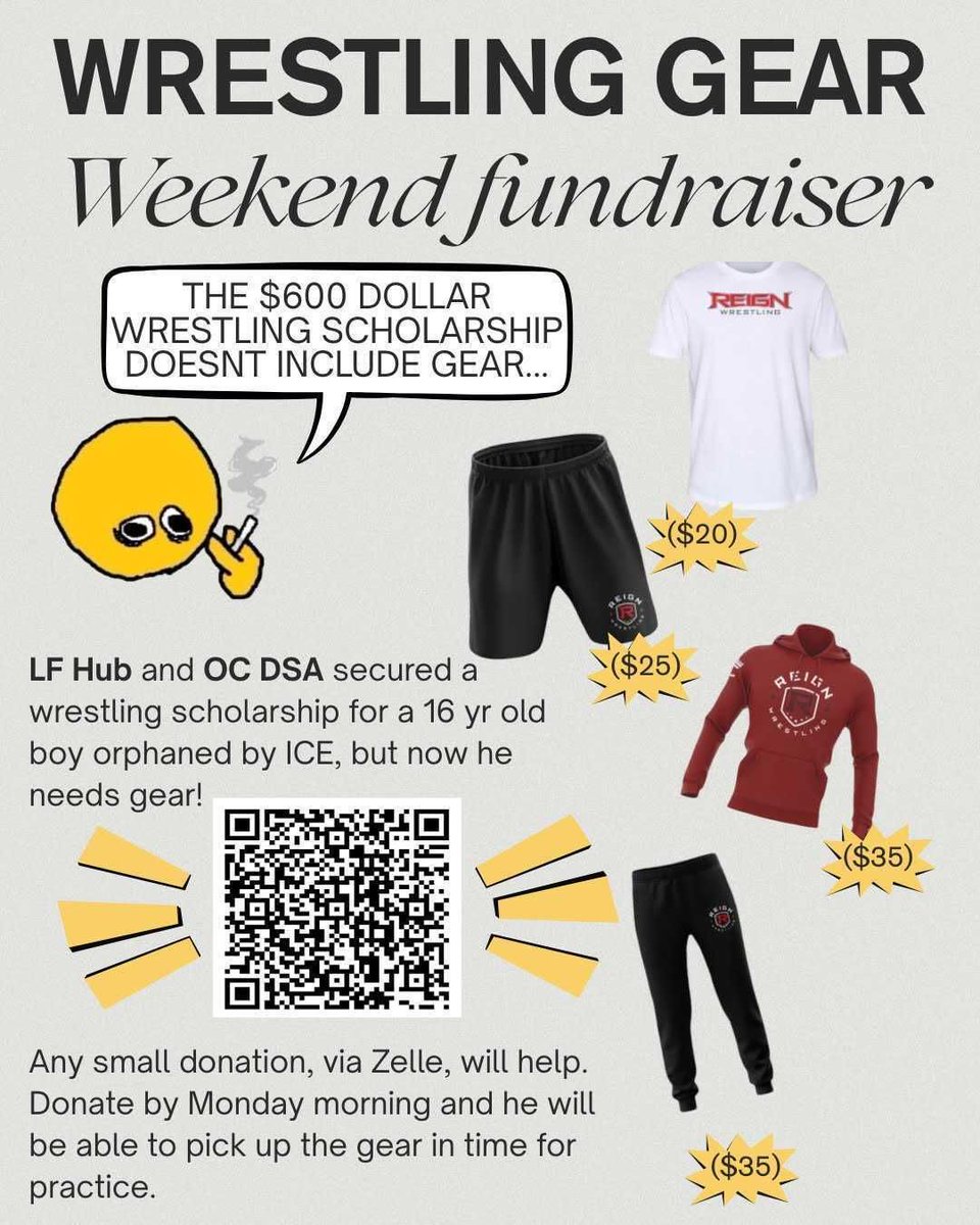 🍊 Mutual Aid Request 🌹

Help us provide for a teen and their family who have been impacted by the administrations immigration policy.

Our goal for sports gear has been met, but any additional funds will go to assisting the rest of their family. 

To pitch in, please scan Code!