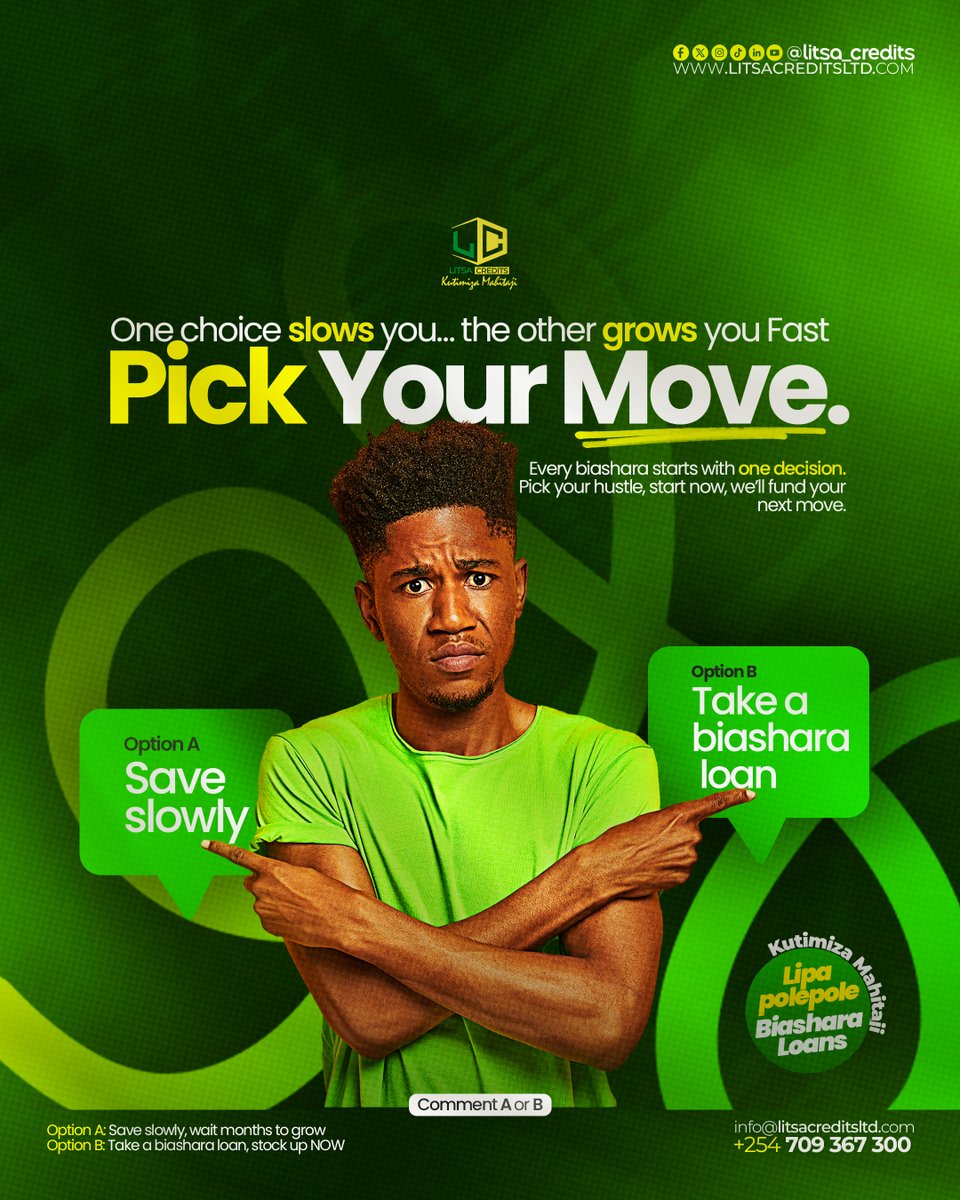 Litsa_Credits's tweet image. Pick your move 

A: Save slowly 
B: Scale your biashara NOW 

Smart hustlers don’t wait, they act.

litsacreditsltd.com

#HustleSmart #SMEsKE #KenyaBusiness