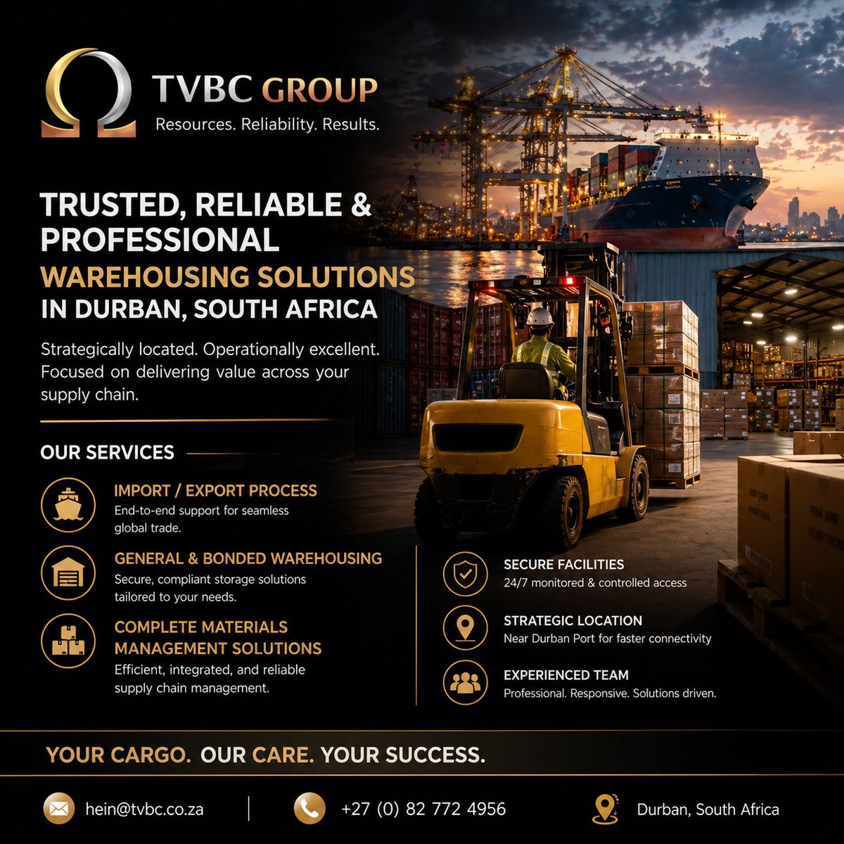 TVBC2022's tweet photo. Your Cargo. Our Care. Your Success.
At TVBC Group, we provide trusted, reliable, and professional warehousing and materials management solutions in Durban, South Africa, strategically positioned to support your import and export operations through one of Africa’s busiest ports. https://t.co/6EvJKJLIy2
