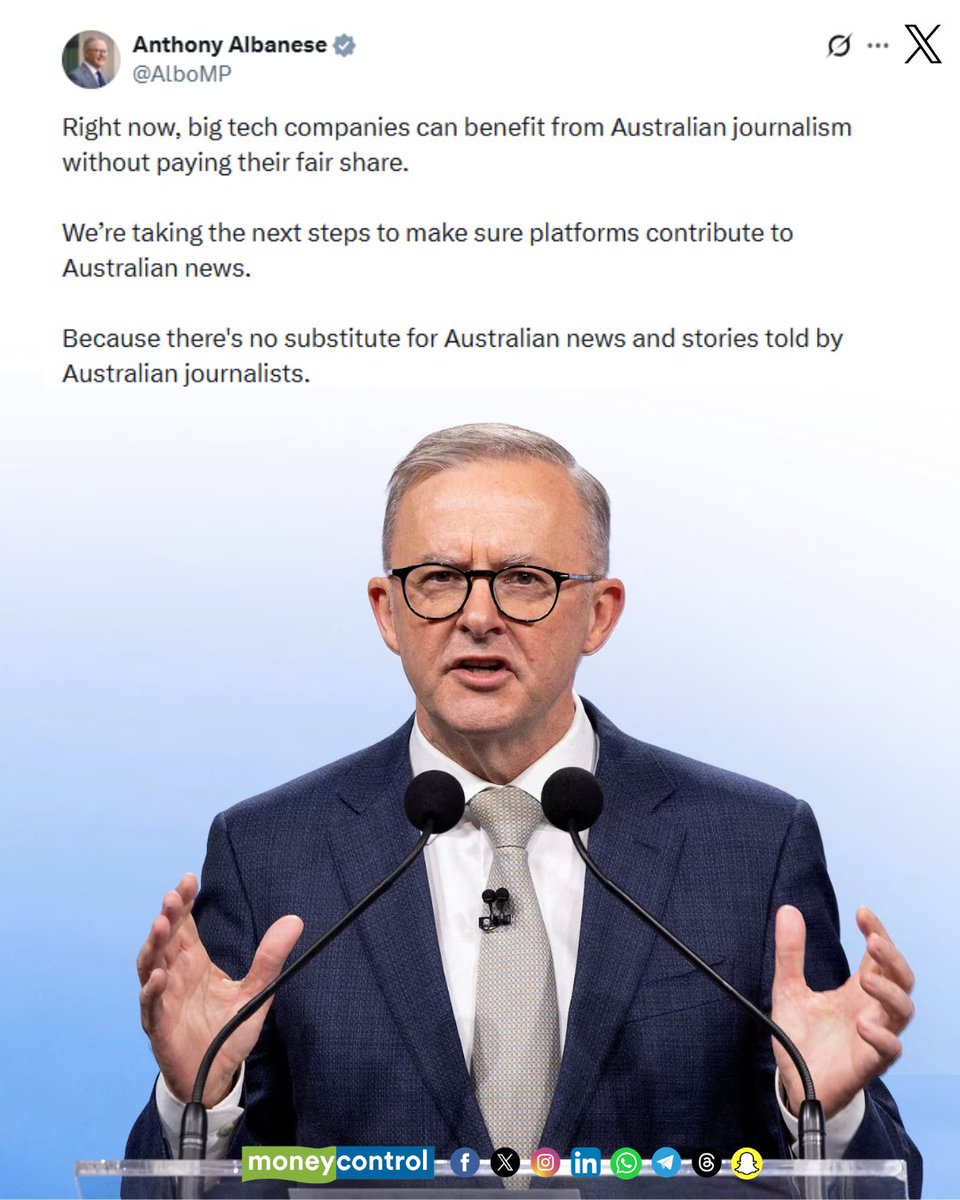 moneycontrolcom's tweet image. 🚨Australian PM Albanese pushes big tech to pay for Australian journalism

Anthony Albanese has signalled fresh action to regulate major tech platforms, saying they must contribute more to the country’s media ecosystem.

#Australia #AnthonyAlbanese #Journalism #DeepTech