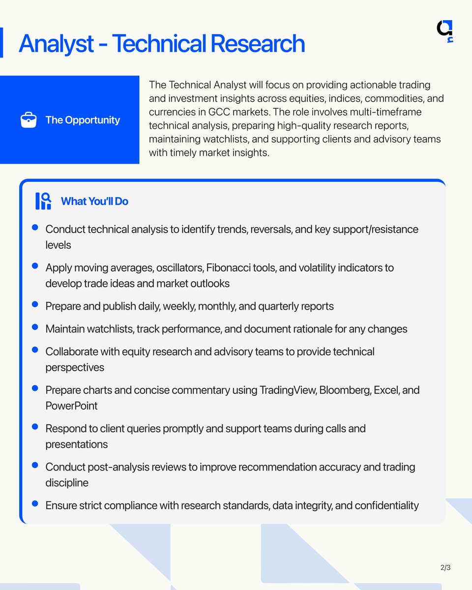 AkseerResearch's tweet photo. Akseer is looking for an Analyst – Technical Research to join our growing team.

If you believe you’re a strong fit for this role, please reach out. We look forward to reviewing your application.

Apply via email: Analyst.Technical@akseerresearch.com

#Careers #TeamAkseer https://t.co/iFTriJTjLn