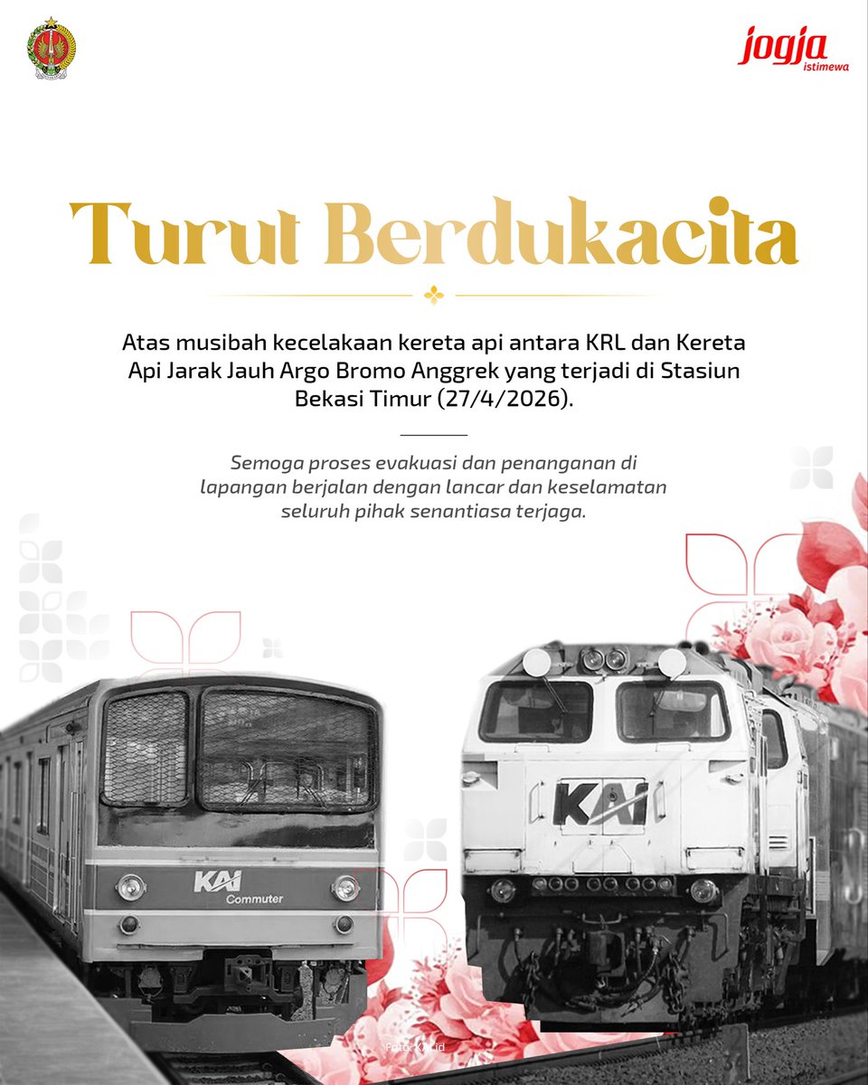 humas_jogja's tweet photo. Dukacita mendalam atas kecelakaan yang melibatkan KA Argo Bromo Anggrek dan KRL Commuter Line di Stasiun Bekasi Timur, pada Senin (27/4) malam.
#PemdaDIY
#KecelakaanKeretaApi
#StasiunBekasiTimur
#HumasJogja https://t.co/hAckjt9o9h