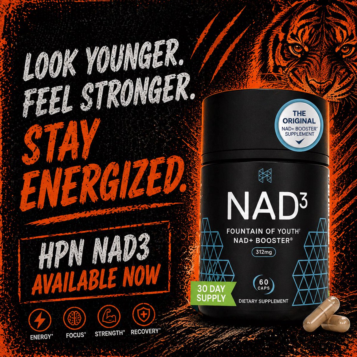 tigerfitnesscom's tweet image. Something’s off… and you feel it.

Energy isn’t the same.
Focus comes and goes.
Recovery? Slower than it should be.

That’s not random.
That’s your NAD+ levels dropping.

HPN NAD3 helps bring it back!

#MensHealth #Biohacking #Longevity #AntiAging