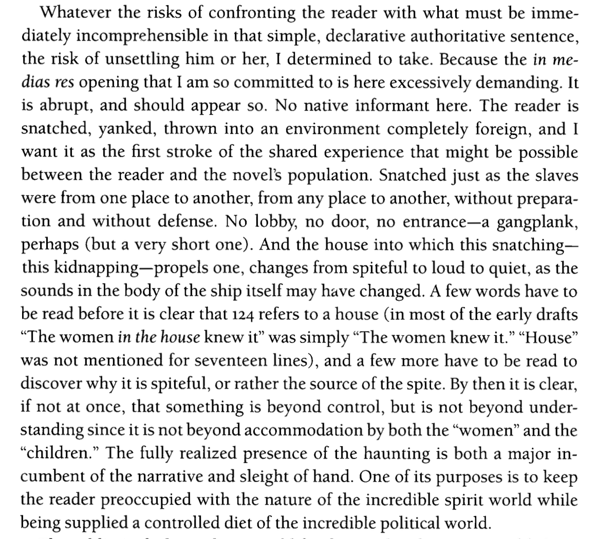 namwalien's tweet photo. And here is her remarkable analysis of the purpose of the oblique opening to Beloved. I have a difficult, ahem, time believing that y'all opened that book and read "124 was spiteful" and immediately understood what it meant. To find it easy to read would defeat her intentions: /6 https://t.co/DGeJnJzwHl