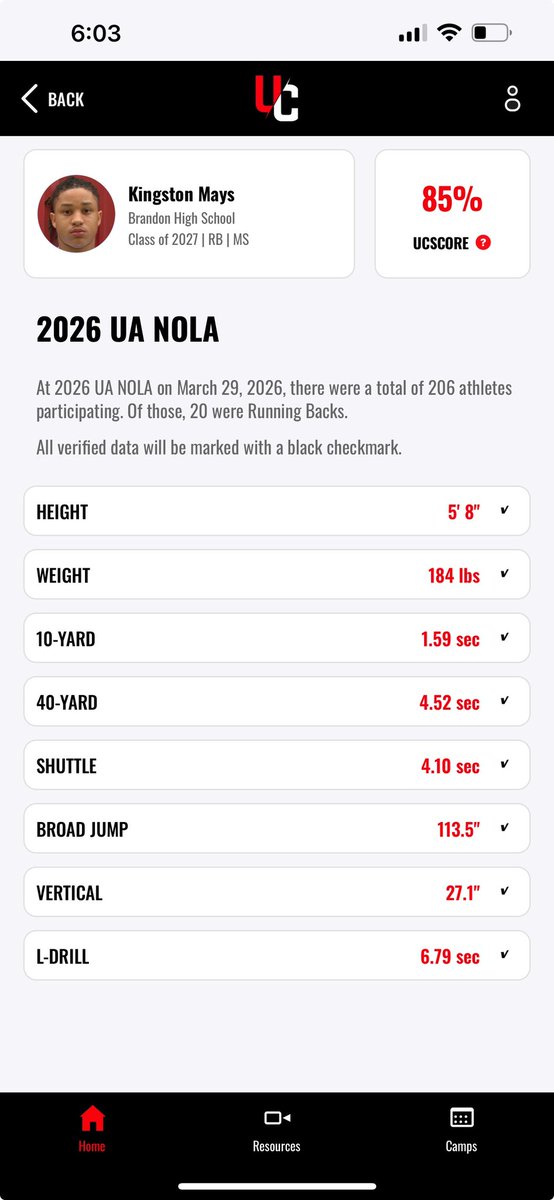KingstonMays_'s tweet photo. Had a great time competing at UA Nola. Here are my numbers.

@TheUCReport @Coach_Drew1 @MikeRoach247 @PaulJonesOn3 @TomLoy247 @BillyEmbody @adamgorney @samspiegs  @JButler_210 @coach_tko @JGonzalesJr10 @FredStewart50 
@Jakewim https://t.co/Tga0WFs770