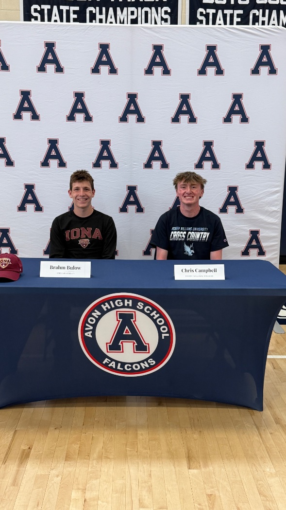 AHS_Falcons's tweet image. Congratulations to Chris Campbell and Brahm Bulow who made officially made their commitment to run cross country and track next year at Roger Williams and Iona! Let’s go!!!! #falconpride