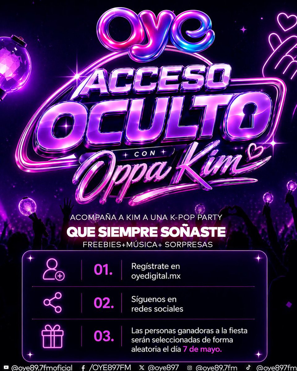 Oye897's tweet image. ¡En Oye 89.7fm les tenemos una GRAN SORPRESA… 
¿LIST@ PARA TU MOMENTO K-POP? 💜

Acceso Oculto con @OppaKimPop llega con una K-Pop Party que lo tiene TODO: música, freebies y sorpresas que no te vas a querer perder

Sigue los pasos de la imagen 🙂‍↔️

#kpop
