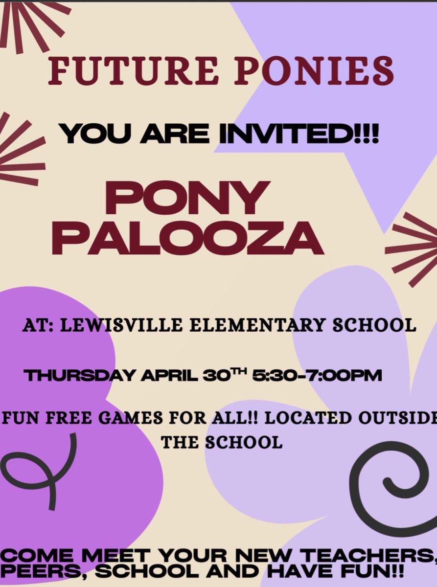 LewisvilleES's tweet photo. Join us for our Lewisville Elementary Pony Palooza on Thursday, April 30 from 5:30–7:00PM! We are so excited to welcome all of our Ponies and their families—both our current students and those joining from new schools. Come enjoy a fun evening of connection and celebration. 🐴🎠 https://t.co/gW7NSUurBX