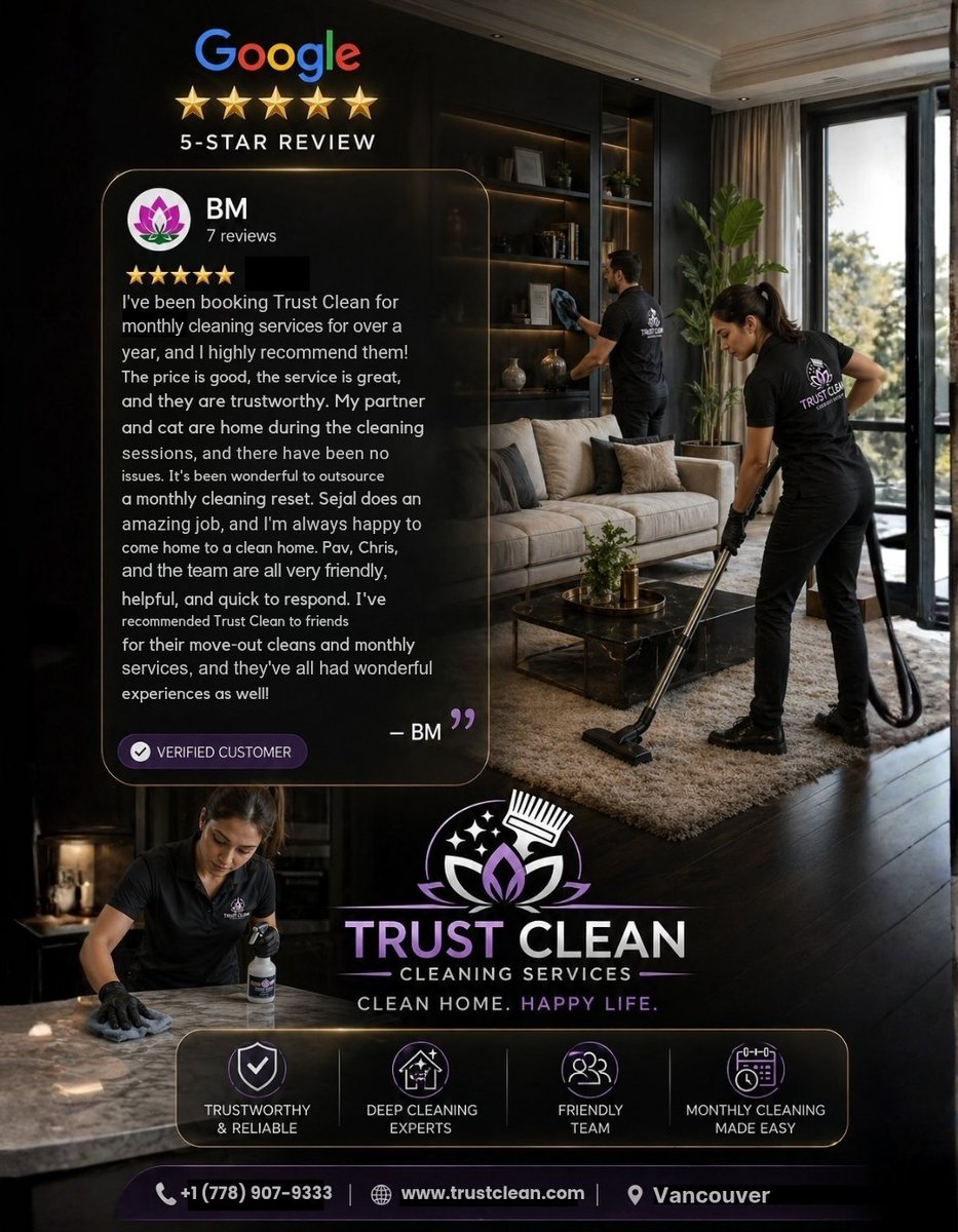 trustcleanvan's tweet image. 5⭐ cleaning clients trust in Vancouver.

We turn homes from average to spotless — fast, reliable, professional.

📞 +1 (778) 907-9333 | trustclean.ca

#VancouverCleaning #ProfessionalCleaning #vancouverrealestate