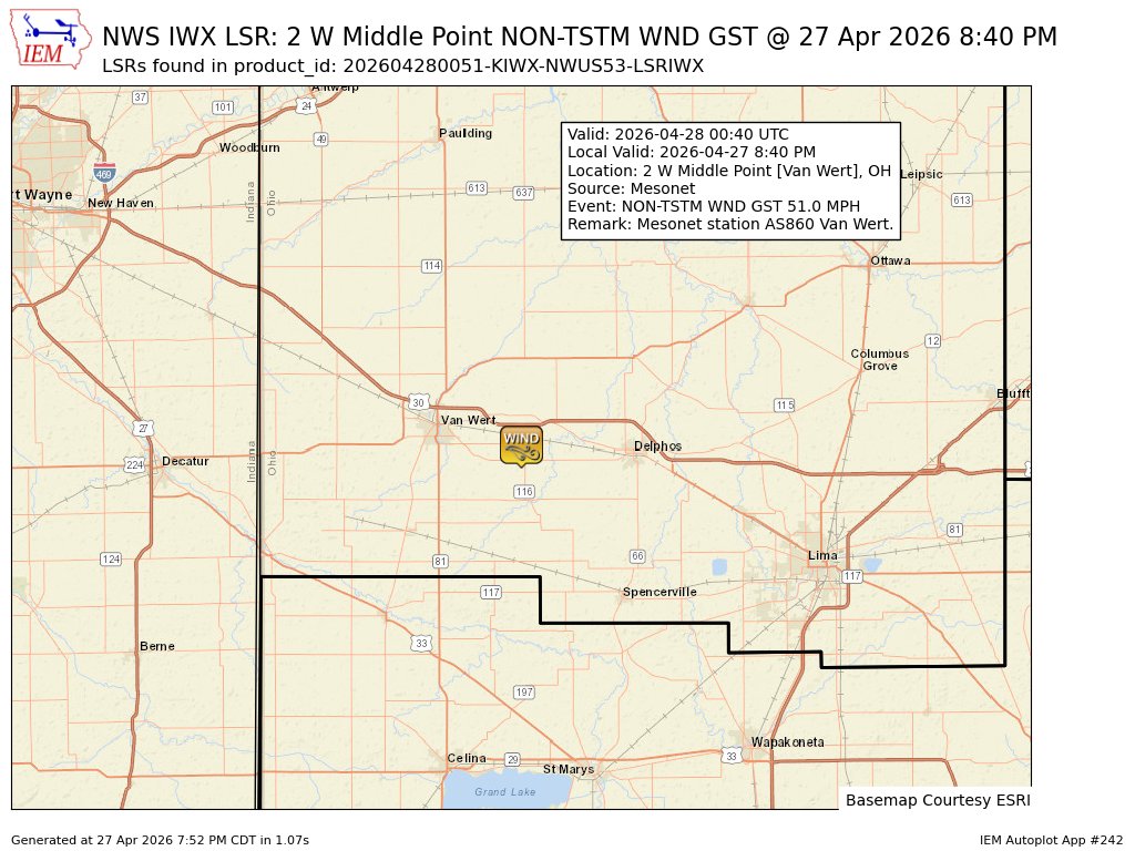 TomCoomes's tweet image. At 8:40 PM EDT, 2 W Middle Point [Van Wert Co, OH] Mesonet reports Non-Tstm Wnd Gst of M51 MPH. Mesonet station AS860 Van Wert. #ohwx mesonet.agron.iastate.edu/lsr/?by=wfo&amp;amp;wf…