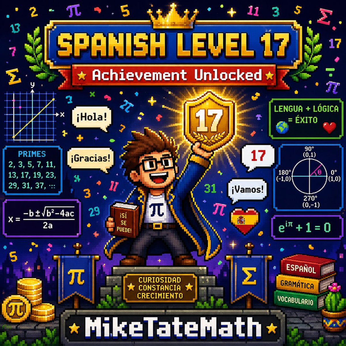 MikeTateMath's tweet photo. Spanish Level 17 unlocked.
Language + logic = momentum.
Every new phrase is another coordinate on the map: grammar as structure, vocabulary as variables, pronunciation as rhythm, &amp; consistency as the proof.
 π in one hand, español in the other.

#SpanishLearning #MathMindset https://t.co/cPfVB3MDRN