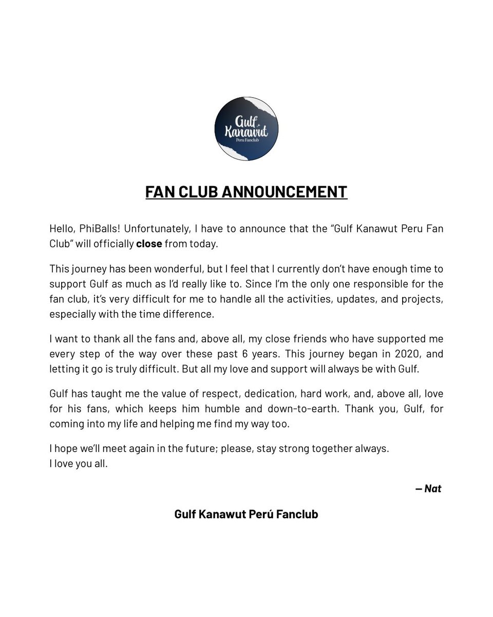 gulfkanawutpefc's tweet photo. [ 𝗙𝗔𝗡𝗖𝗟𝗨𝗕 𝗔𝗡𝗡𝗢𝗨𝗡𝗖𝗘𝗠𝗘𝗡𝗧 ]

Gulf Kanawut Peru Fan Club is 𝗖𝗟𝗢𝗦𝗘𝗗.

Thank you so much for all your support over the past 6 years; you will always have a special place in my heart ❤️

— Nat from Gulf Kanawut Peru Fanclub

#GulfKanawut #PhiBalls #กลัฟคณาวุฒิ https://t.co/b54wIL8VFP