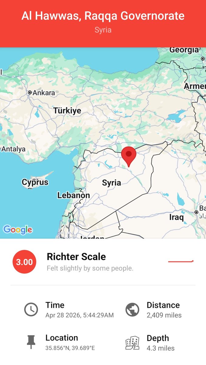 Kiranjoshi900's tweet image. earthquake M 3.0 syria 
#syria #زلزال 
 هز أرضية
هزة أرضي#
#هزة أرضية
#هزة أرضية