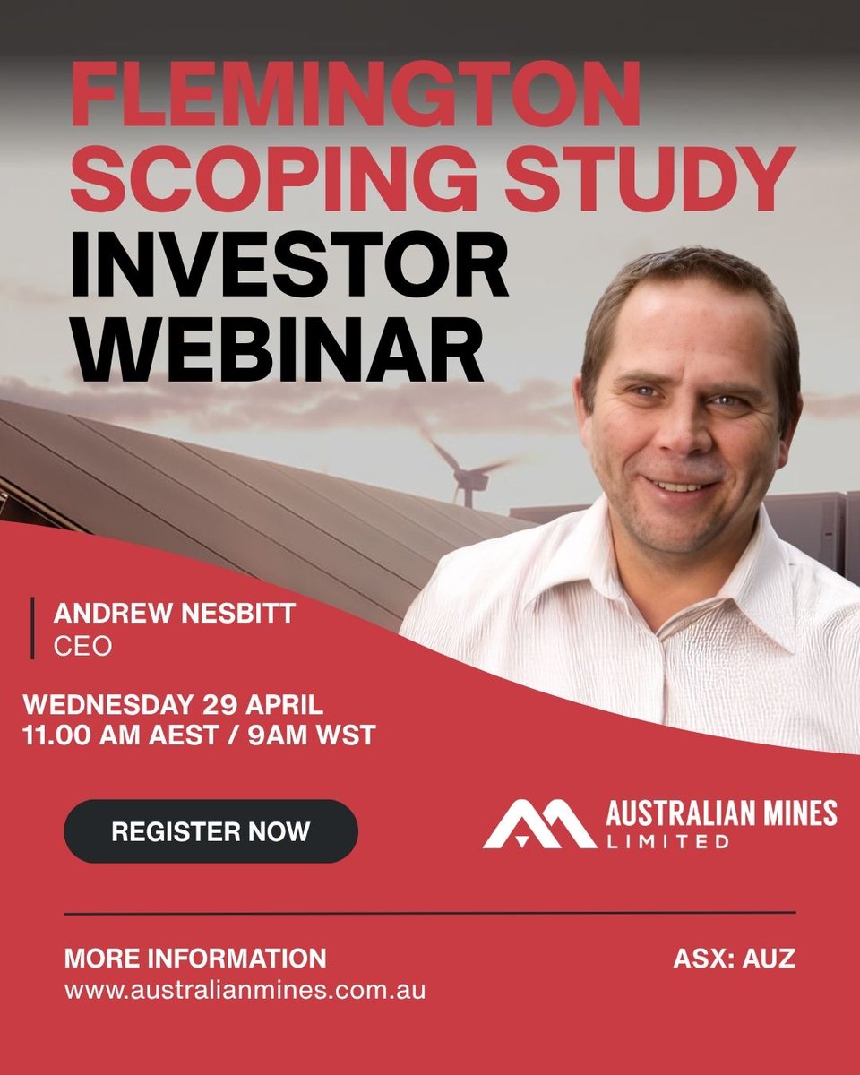 AusMines's tweet photo. We're hosting an Investor Webinar tomorrow with CEO Andrew Nesbitt, where he will be discussing the Flemington Scandium Project Scoping Study annoucement.

Webinar Details
📅 Wednesday, 29 April 2026
⏰ 11am AEST / 9am AWST

Register here: https://t.co/T2GsW9doOn https://t.co/mWeZDa8qv9