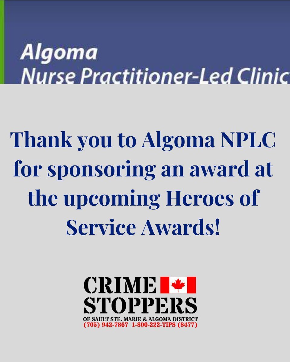 SSMCrimeStopper's tweet image. Care starts in the community.

We’re proud to recognize Algoma Nurse Practitioner-Led Clinic for sponsoring an award at this year’s Heroes of Service Awards.

#HeroesOfService #CrimeStoppers #FirstResponders #PublicSafety #SaultSteMarie #Algoma #CommunityCare #MakingADifference