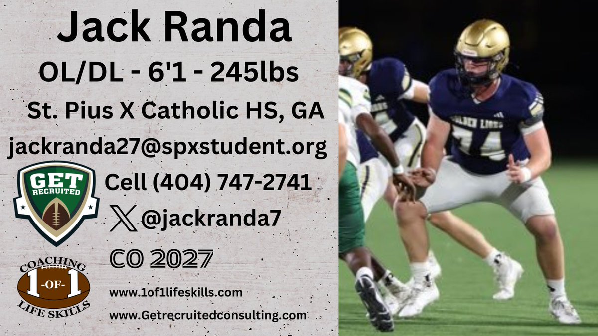 Get__Recruited's tweet photo. Jack Randa - CO 2027 - OL/DL - 6'1, 245lbs - 3.4 GPA - Great feet, athletic, good bend, great pass blocker. St. Pius X Catholic HS, GA. Player info: https://t.co/19bG3t2XxI @1of1lifeskills @jackranda7 @BuffStateFB @HobartFootball @IthacaBomberFB @UofRFootball @SLU_Football https://t.co/lORL3mJhPa