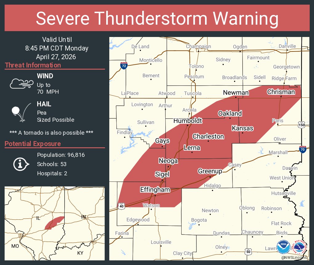 Severe Thunderstorm Warning continues for Charleston IL, Mattoon IL and ...