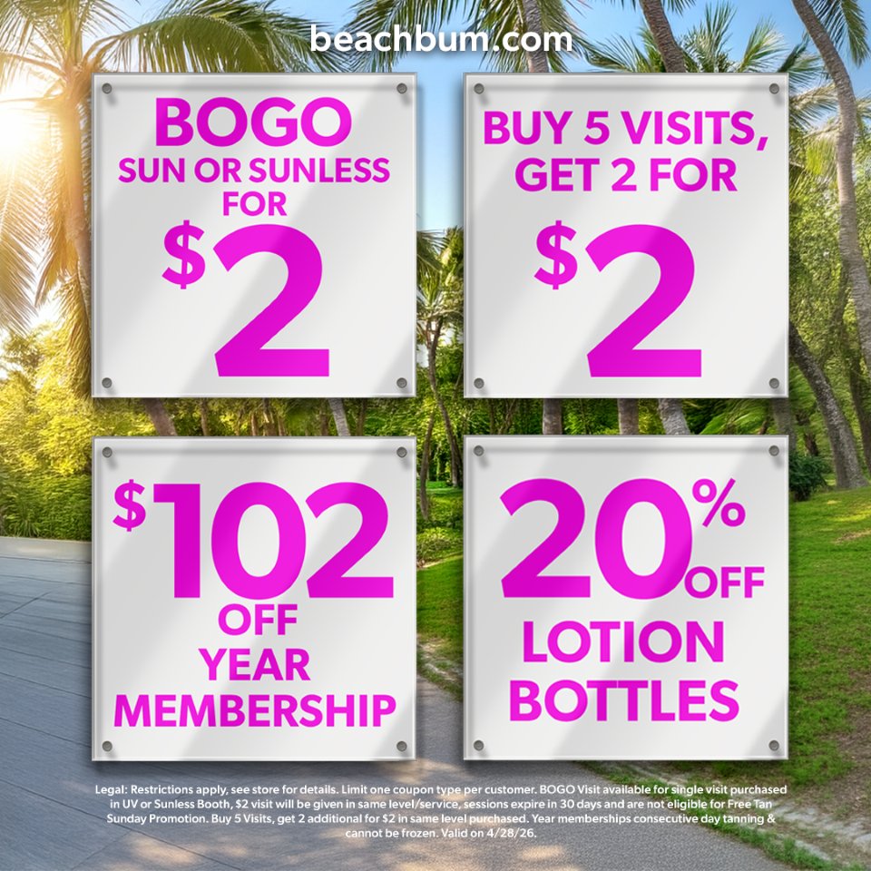 beachbumtanning's tweet photo. $2 Tuesday is here with deals too good to scroll past! 💸😍

1️⃣ BOGO for $2 Sun or Sunless Session
2️⃣ Buy 5 Visits, Get 2 for $2
3️⃣ $102 OFF a Year Membership
4️⃣ 20% OFF Lotion Bottles

🎟️ Get coupons here: https://t.co/sRoNLqTVkz
⏰ Deals valid 4/28 only https://t.co/tJG1Dix8eI