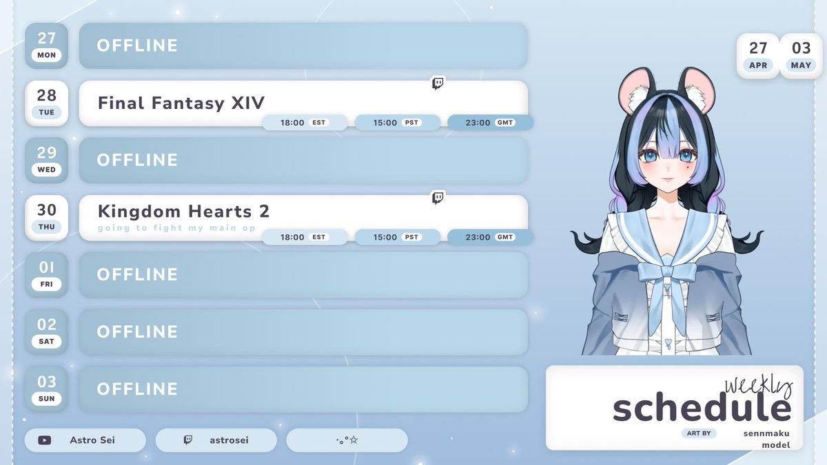 astr0sei's tweet image. here is my streaming schedule for this week: (4/27-5/3).     

*schedule is subject to change                         
#ENVtuber #Vtuber #VtuberUprisings