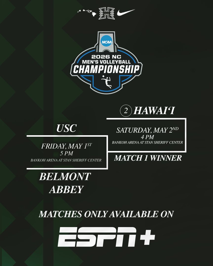 HawaiiMensVB's tweet image. Both matches this weekend, including Saturday’s regional final, will be available exclusively on ESPN+. No blackout in Hawai‘i. Please note that these matches will not be broadcast on television.

#WarriorBall26 x #GoBows