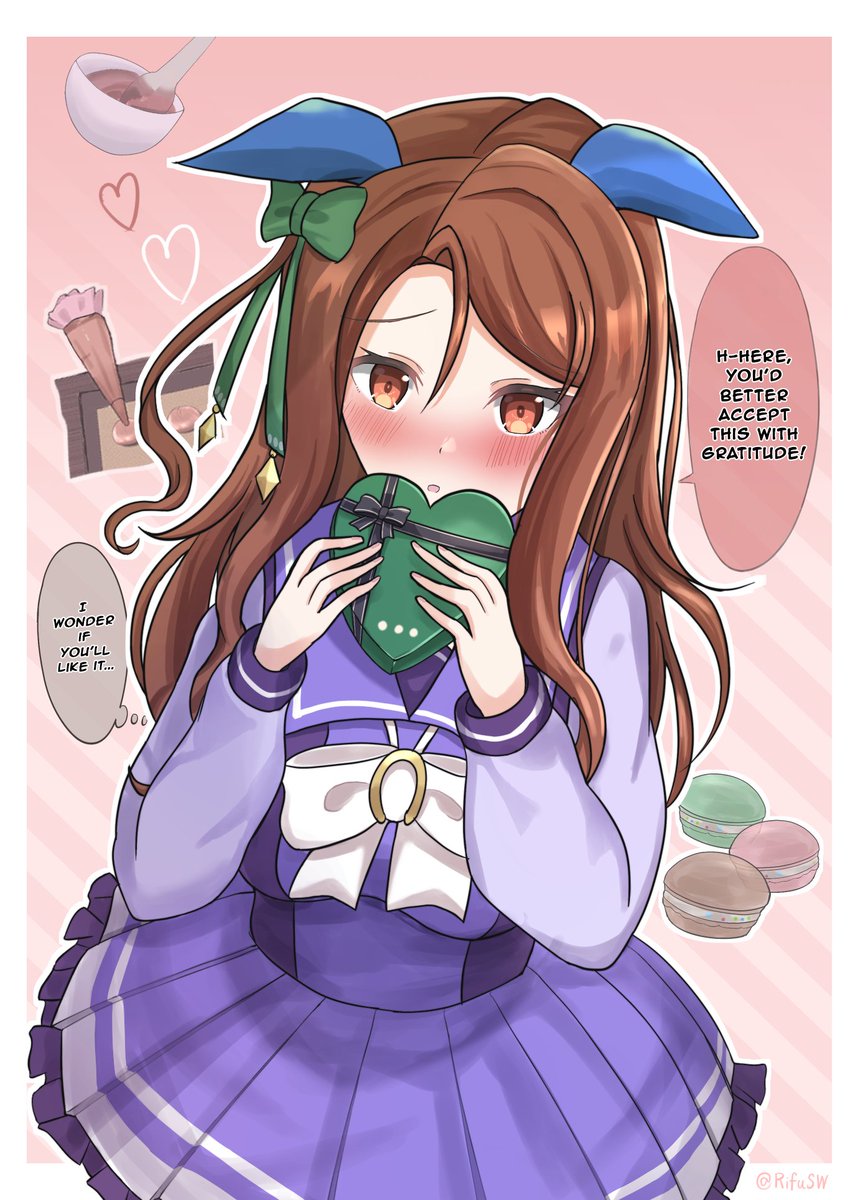 EDemocraft's tweet photo. Art by @RifuSW

[EN Translation]
A First-rate Honmei Macaron 🐴💝

The more you make something in hopes of making them happy, the more nervous you get when it's time to give it. 

#ウマ娘 #Umamusume 
#ウマ娘英訳 #UmaTranslations
#キングヘイロー生誕祭2026 https://t.co/CDh5l82fVK