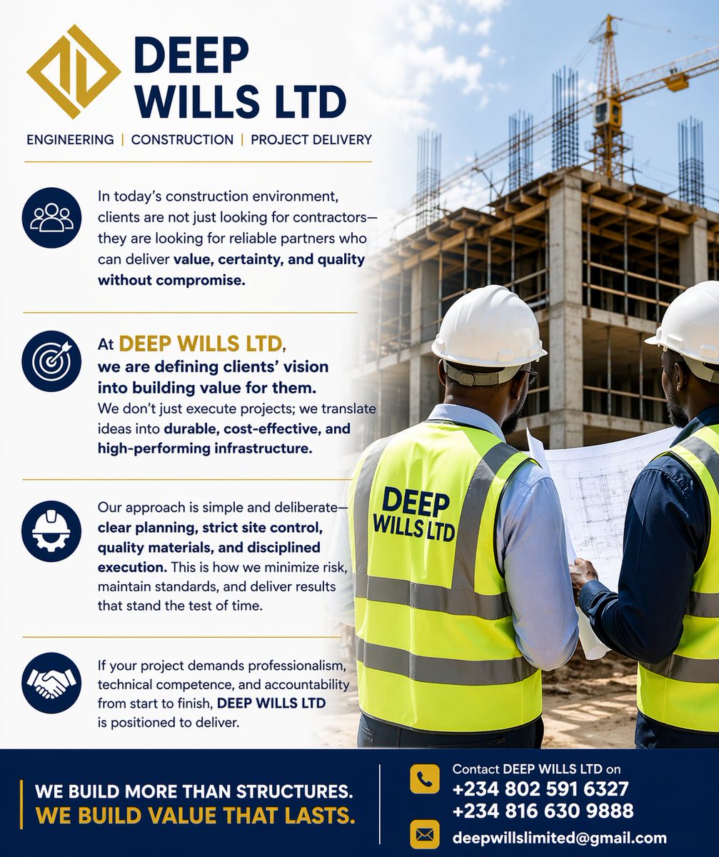 BelovedWillls_1's tweet image. At Deep Wills Ltd, we don’t just construct, we deliver durable constructions that meet up requirements, &amp;amp; stands the test of time.
📞 Partner with us for your next projects via deepwillslimited@gmail.com, +2348025916327
#DeepWillsLtd #Construction #Development #CivilEngineering