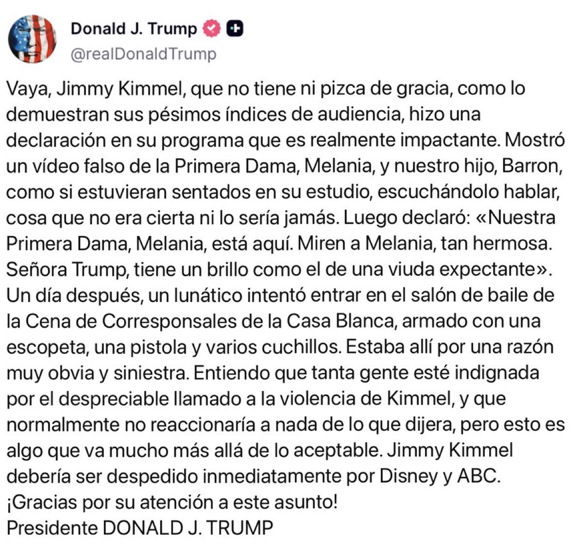 liderfiscal's tweet photo. Donald Trump está pidiendo que Disney y ABC despidan a "Jimmy Kimmel" por un sketch de la Cena de Representantes de la Casa Blanca:
#TrumpShow 👇👇👇👇 https://t.co/8PdjKMMo4T