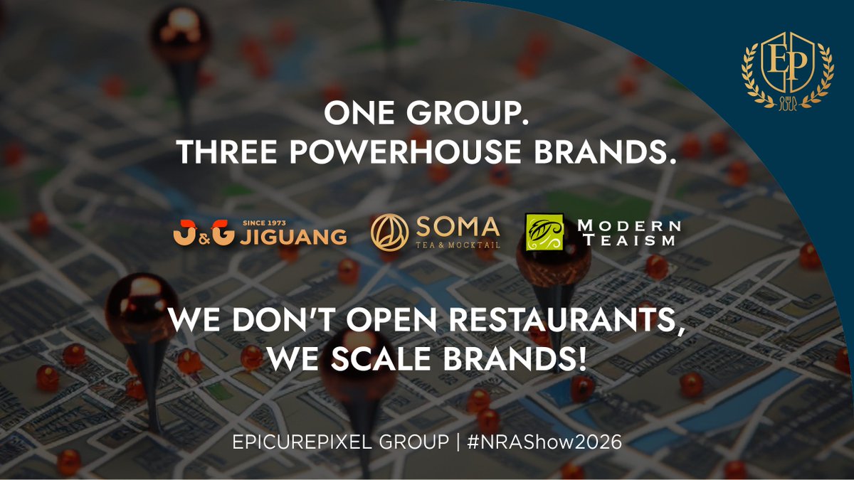 EpicurePixel's tweet photo. The F&B ecosystem is evolving. Meet EpicurePixel Group at #NRAShow2026! 🚀

We’re showcasing our vertically integrated platform at McCormick Place:
🍗 J&G Fried Chicken: 500+ locations globally. Ready for North American growth. 
 
🧋 SOMA Tea & Mocktail: Award-winning Taiwan tea brand with high scalability. 
 
🍵 Modern Teaism: 20+ years of B2B supply expertise across the Americas.

📍 May 16-19 | Chicago, IL 
📧 Franchise@EpicurePixel.com
#EpicurePixel #FandB