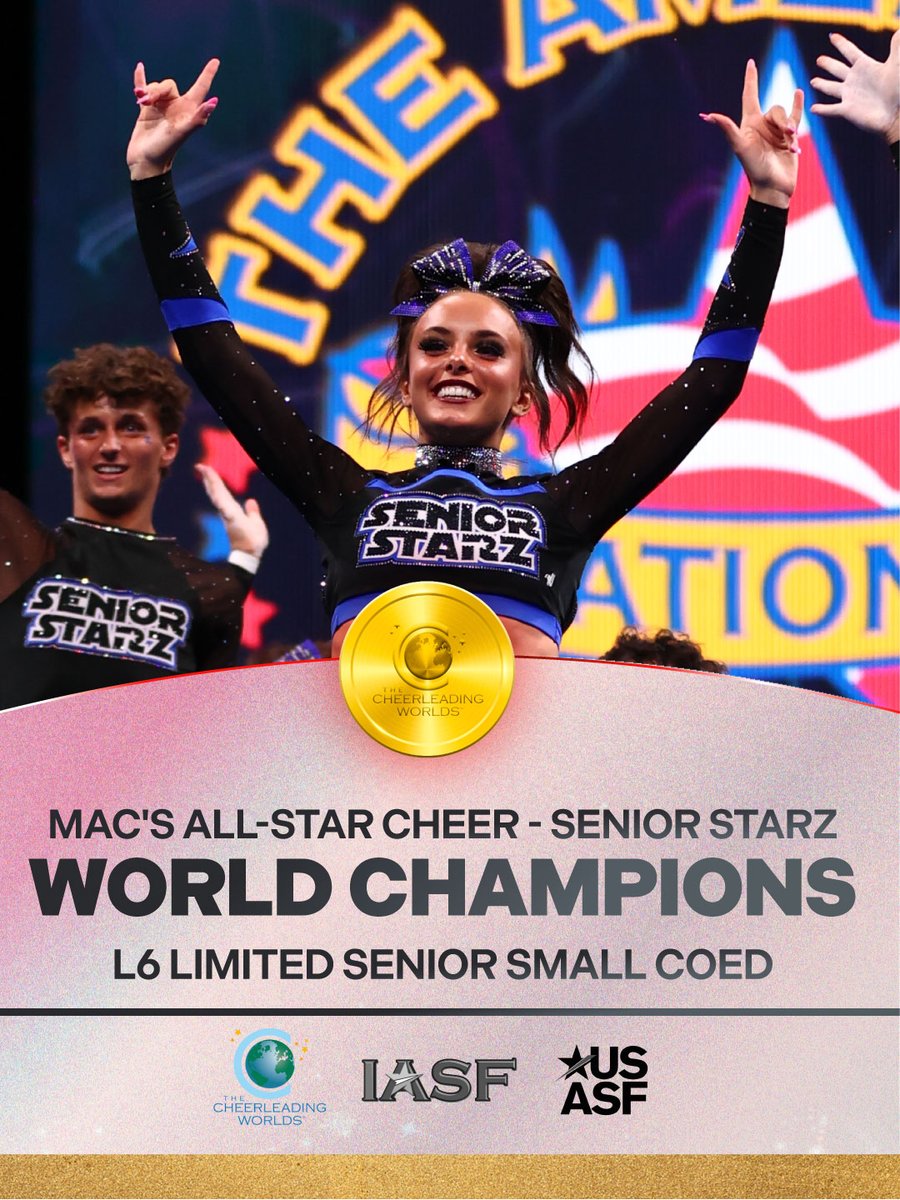 FloCheer's tweet photo. Congratulations to the #CheerWorlds2026 L6 Limited Senior Small Coed Medalists!

🥇Mac's All-Star Cheer - Senior Starz
🥈Alaska Athletics - Black Ice
🥉Louisiana Cheer Force - Gold

📸: Action Moments https://t.co/VTh3prettS
