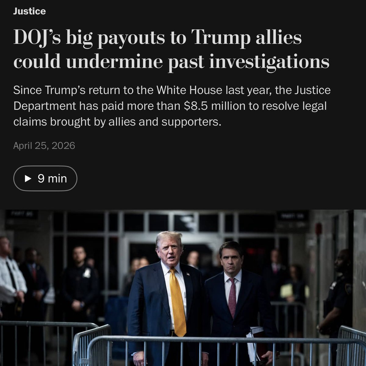 A huge scam: Trump’s DOJ is now using taxpayers as a piggybank to pay off his followers.   They have spent $8.5 million and counting of your money to pay off frivolous claims, enriching his friends while corrupting our justice system.

washingtonpost.com/national-secur…