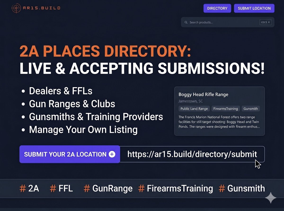 ar15dotbuild's tweet image. Own or run a 2A business or organization?
Our 2A Places Directory is now live!

Dealers, FFLs, ranges, clubs, gunsmiths, &amp;amp; training providers can now submit their location for review &amp;amp; get listed.

Submit @ ar15.build/directory/subm…

#2A #FFL #GunRange #FirearmsTraining #Gunsmith