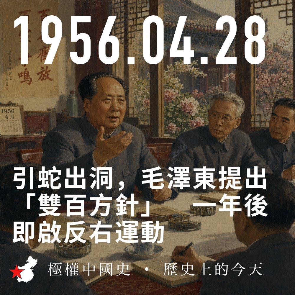 Ansel_Flipradio's tweet image. 1956年4月28日，「百花齐放、百家争鸣」方针在中共中央政治局扩大会议上首次提出。一年后即翻转为反右运动，官方称55万人、解密档案逾300万人被打成"右派"。这一次"先放后收"永久性地透支了体制对知识分子的信用——此后每次政治运动的"鸣放"阶段，都自动触发社会的自我审查。
#极权中国史历史上的今天