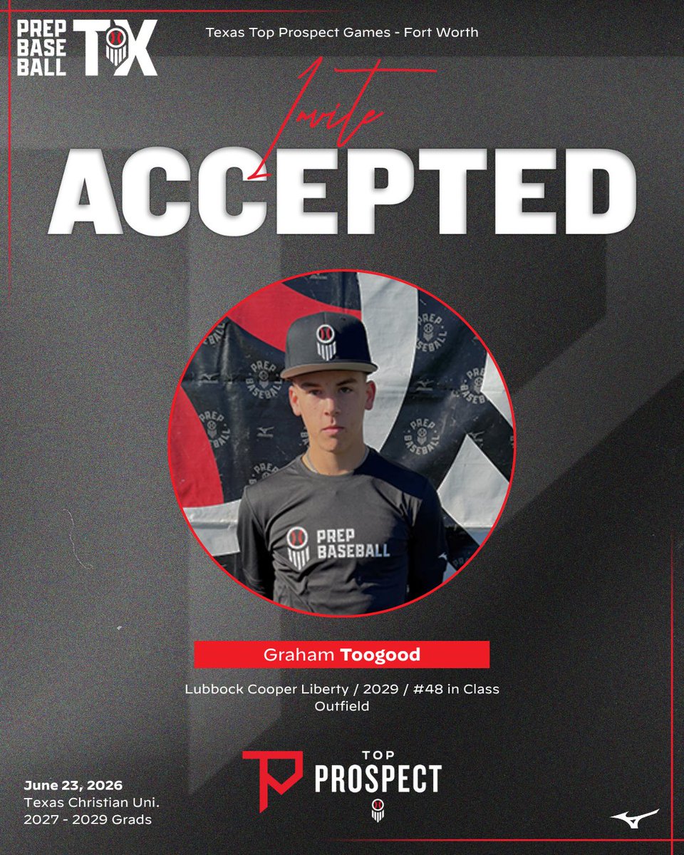 PrepBaseball_TX's tweet photo. 𝟐𝟎𝟐𝟔 𝐓𝐞𝐱𝐚𝐬 𝐓𝐨𝐩 𝐏𝐫𝐨𝐬𝐩𝐞𝐜𝐭 𝐆𝐚𝐦𝐞𝐬 𝐈𝐧𝐯𝐢𝐭𝐞 𝐀𝐜𝐜𝐞𝐩𝐭𝐞𝐝 ✅ 

We can't wait to see these talented players at the Fort Worth TPG on June 23rd!

@BeeDubBlair @ADoesbaseball @Bo12Jones @GRAHAMTOOGOOD29 https://t.co/zg3wDi8neI