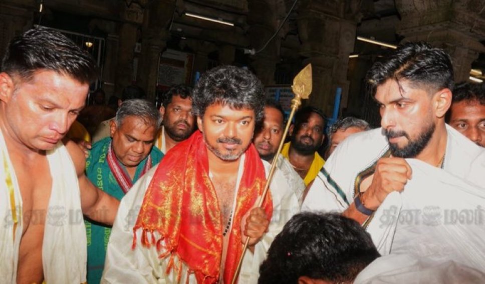 At the Thiruchendur Subramaniya Swamy Temple revered as the second of the Arupadai Veedu (six sacred abodes of Lord Murugan) <a href="/TVKVijayHQ/">TVK Vijay</a> Leader Vijay had darshan of the deity.

He participated in the Viswaroopa Darshan pooja and offered his prayers.

It is a belief that