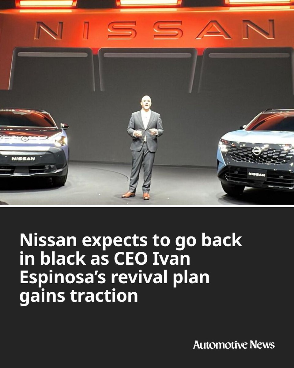 Automotive_News's tweet image. Nissan reversed its earnings outlook to a profit from a loss on better cost control and favorable foreign exchange rates, as CEO Ivan Espinosa’s turnaround plan gains momentum one year into a restructuring campaign.

#Nissan #IvanEspinosa #automotive #autoindustry