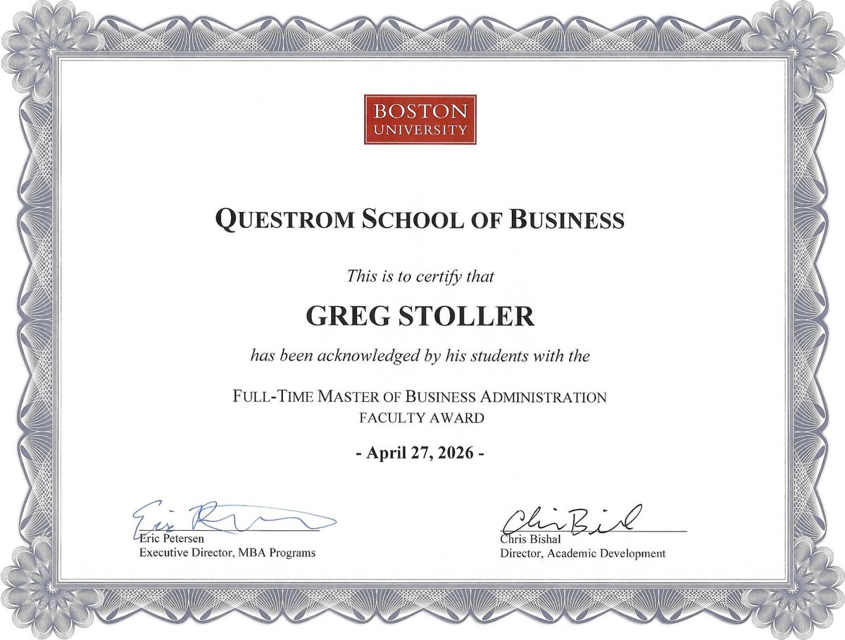 GregoryStoller's tweet photo. I am honored to have been nominated by our full-time @BUQuestrom students and then selected as one of three "faculty members of the year" for excellence in teaching. It's truly a privilege to work with our @BU_Tweets students day and day out, and watch them continue to succeed. https://t.co/tpXSg4NZ94