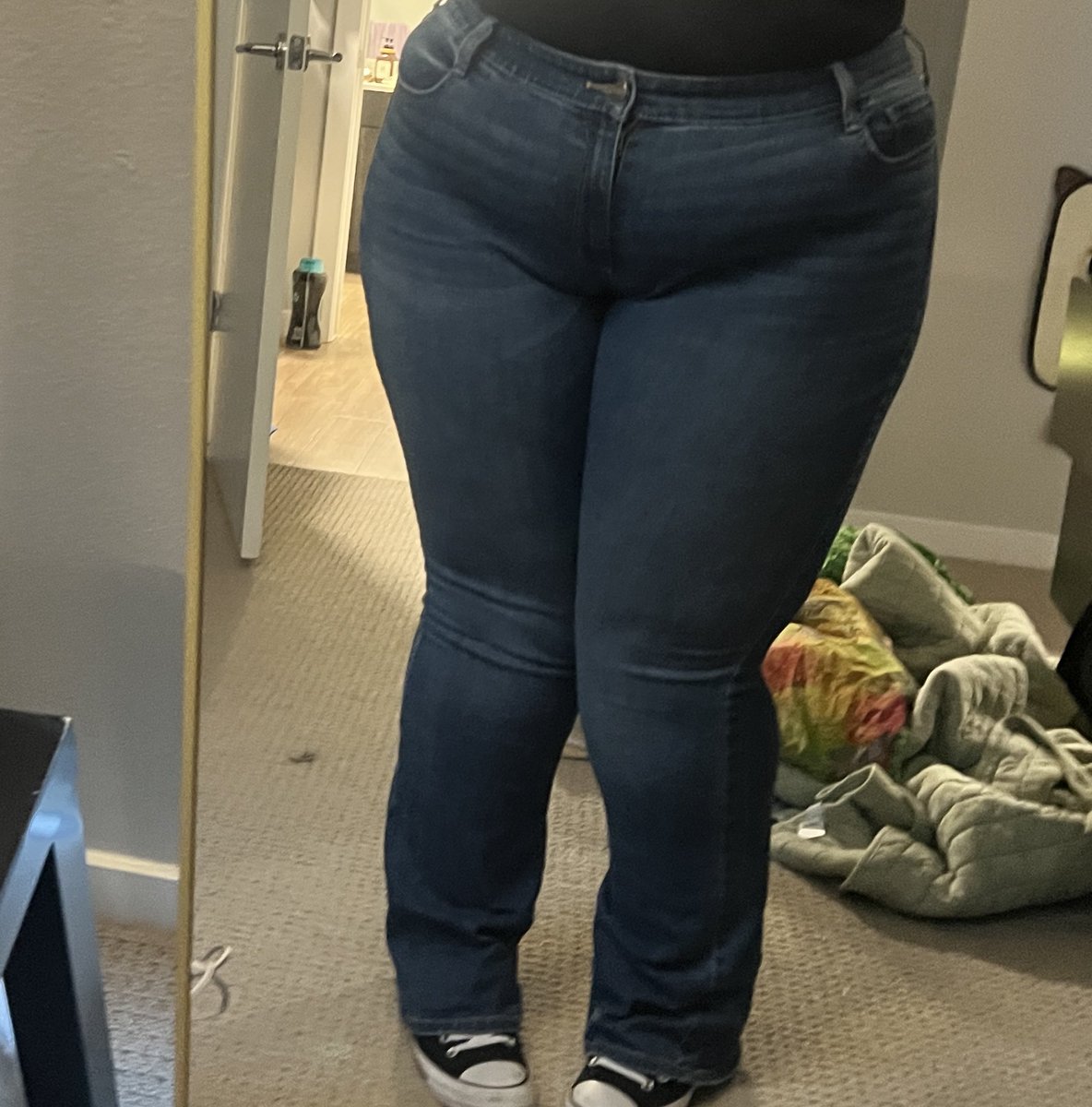 re-sewed the waist on these jeans bc no belt, also that’s how I stand btw 😭