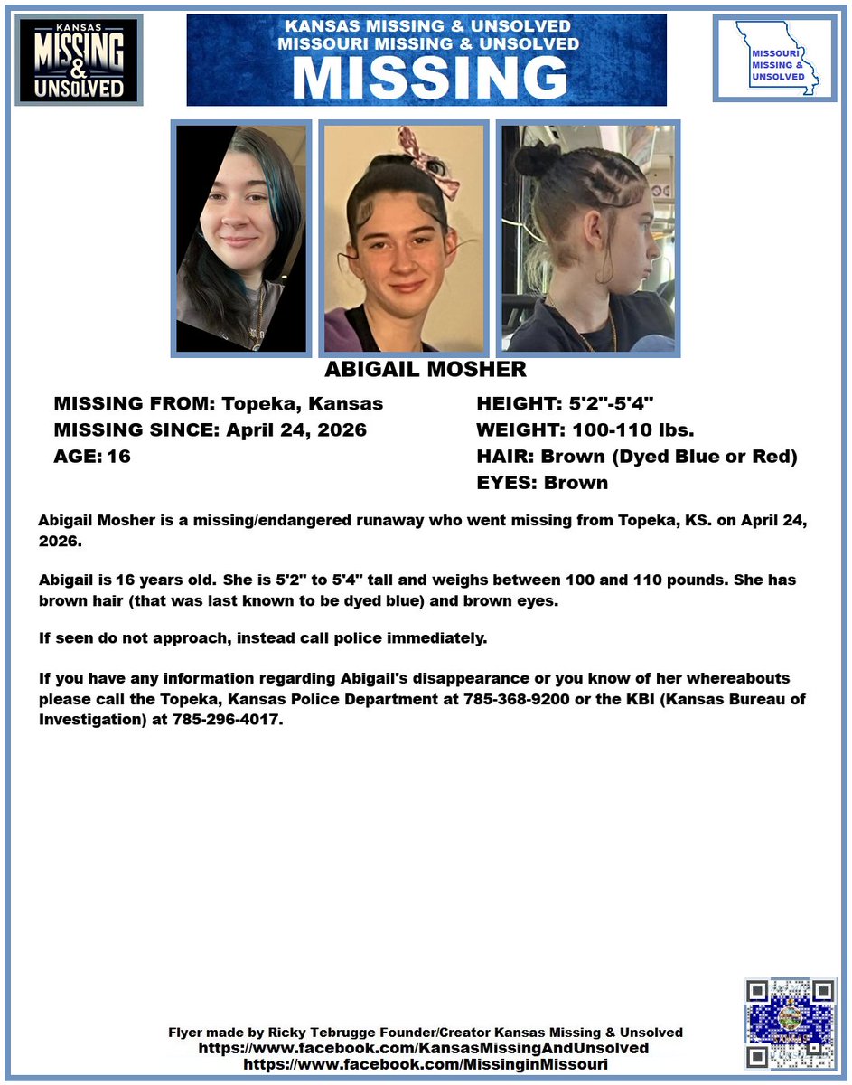 #MISSINGPERSON #MISSING PLEASE SHARE/PRINT/POST!!! ABIGAIL MOSHER (TOPEKA, KANSAS)!!!

#KansasMissing #MissingInKS #MissingInKansas #MissingKansan #Topeka #Kansas <a href="/AnnetteLawless/">Annette Lawless 🌻</a>