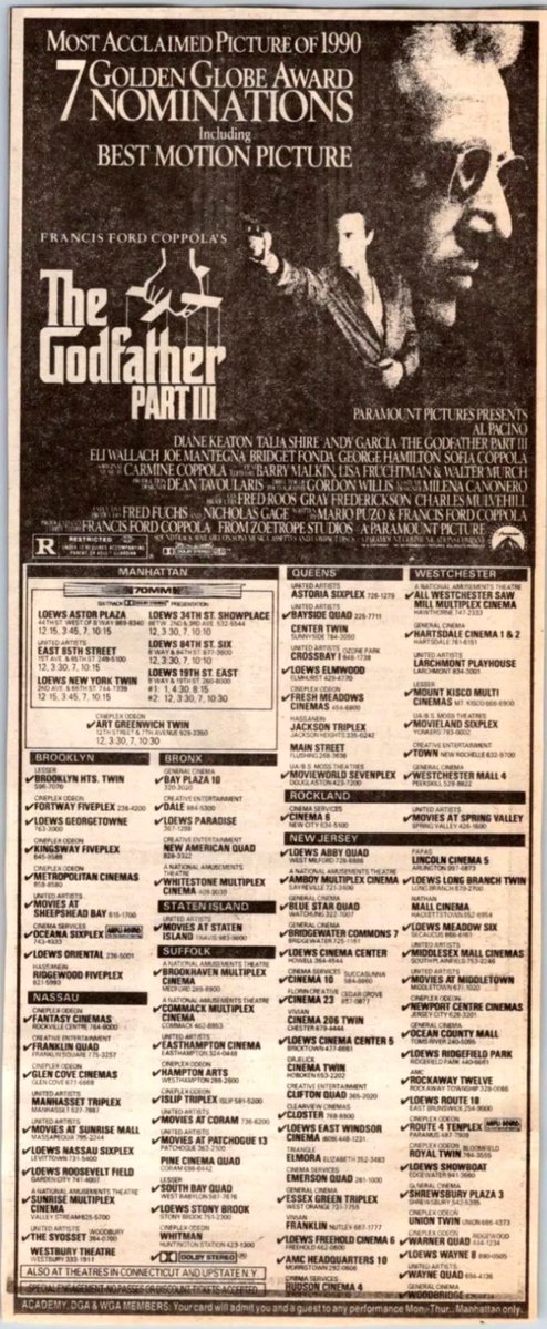 ClassicHBOGuide's tweet image. Pay Cable April 1992 - Francis Ford Coppola’s trilogy ends with the much maligned (and unfairly so): THE GODFATHER PART III - guide cover/ad, newspaper ad, still #1990s #family @GodfatherFrames @JoeMantegna