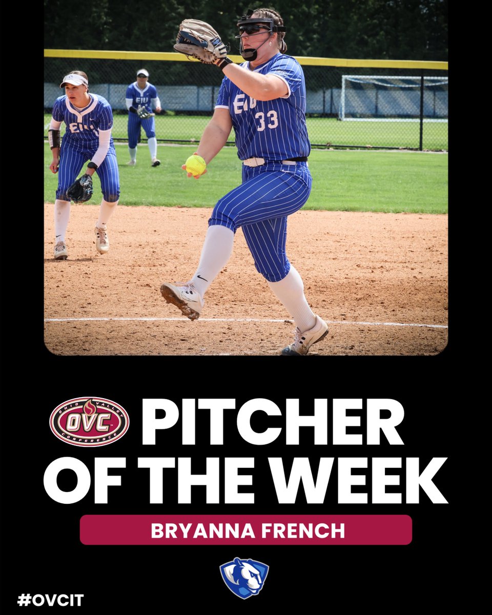 OVCSports's tweet image. 𝗢𝗩𝗖 𝗦𝗼𝗳𝘁𝗯𝗮𝗹𝗹 🥎 𝗣𝗶𝘁𝗰𝗵𝗲𝗿 𝗼𝗳 𝘁𝗵𝗲 𝗪𝗲𝗲𝗸 
@EIU_Softball P Bryanna French

• Finished 1-0 with 2 saves and a 0.00 ERA in 10.1 innings pitched.

#OVCit | #BleedBlue