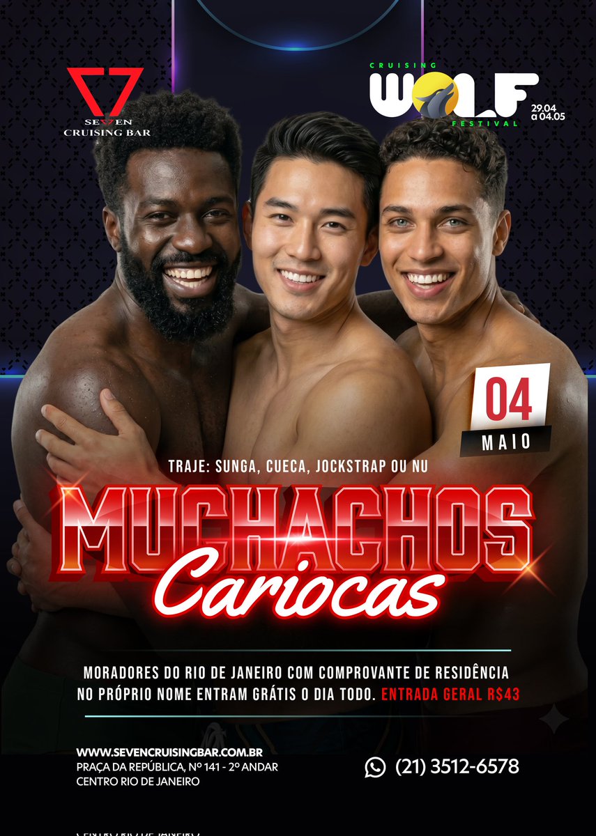sevenbarbr's tweet photo. 04.05 MUCHACHOS CARIOCAS
"Cruising Wolf 🐺 Festival"

Aberto todos os dias das 10h ás 22h
📞Tel: (21) 35126578
🟢 WhatsApp (21) 975202343
Praça da República 141 / 2do andar. Centro-Rj https://t.co/Bl80NoUtkH