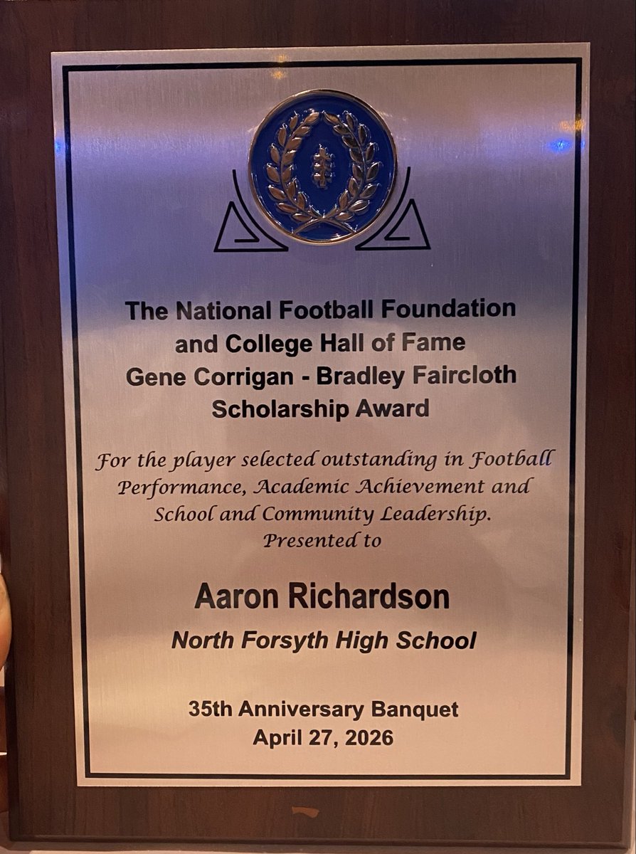 BernardNFHS's tweet photo. Proud moment for the program!

Aaron Richardson Jr. has been awarded the 2026 Gene Corrigan/Bradley Faircloth Chapter of the National Football Foundation &amp; College Hall of Fame Scholarship and the 2026 Sutton Family Scholarship.

 #StudentAthlete #NFF #BuiltDifferent a https://t.co/fFbQpOuW1N
