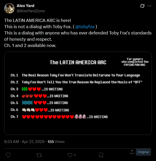 FrankLMV's tweet photo. In a mix of grift and spite, @AlexYardZone has announced he is going to dedicate the upcoming weeks to psychosexually obsessing over Toby Fox after most people shrugged the last time. People making attempts to actually talk with him have had comments deleted &amp; people blocked. https://t.co/oVoM7XuDy5